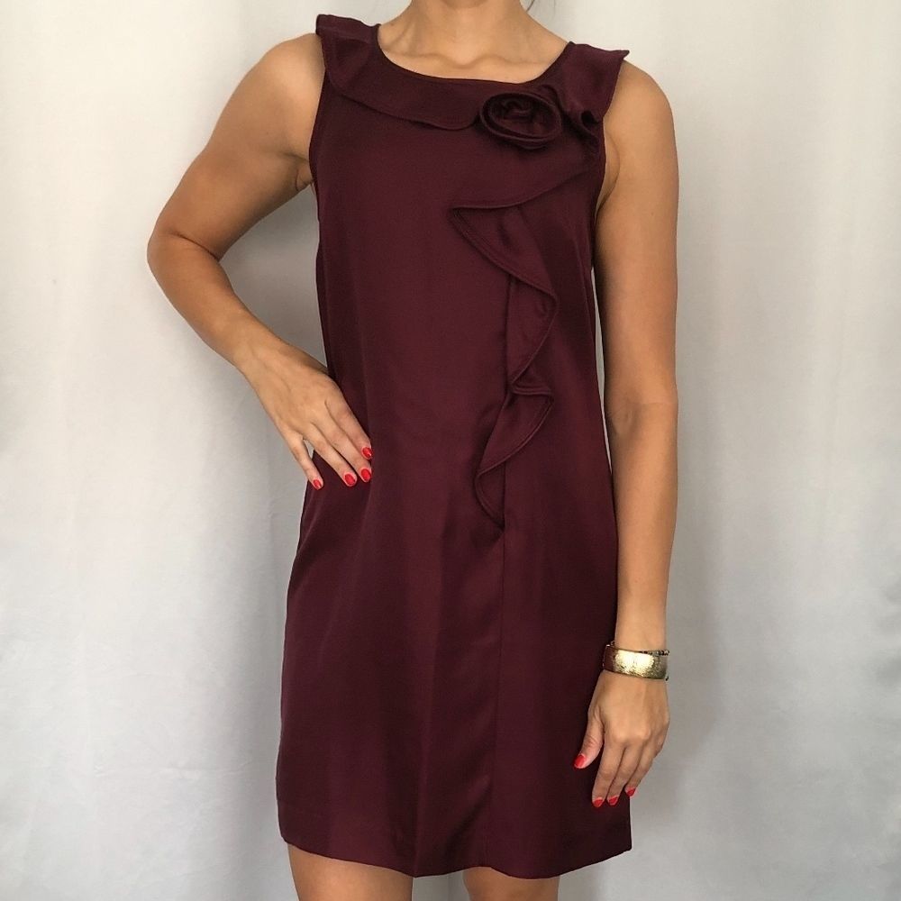 Banana Republic NWOT Burgundy Plum Rosette Ruffle Silk Dress